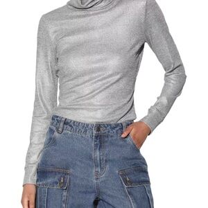 Walter Baker Evanna Ribbed Metallic Silk-Blend Turtleneck Top Silver Size S NEW